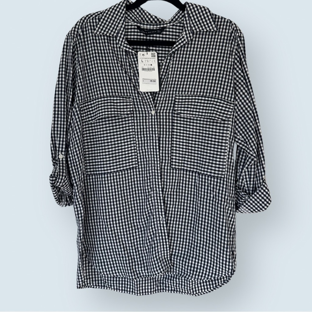 NEW WITH TAGS - Zara Black and White Checkered Button Down Shirt (Size Large)